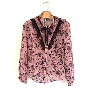 Vintage Y2K Spin Doctor Goth Fairy Grunge Ruffle Sheer Blouse Pink‎ Black Small